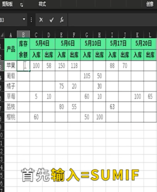excel中sumif函數(shù)自動計(jì)算庫存余額教程分享
