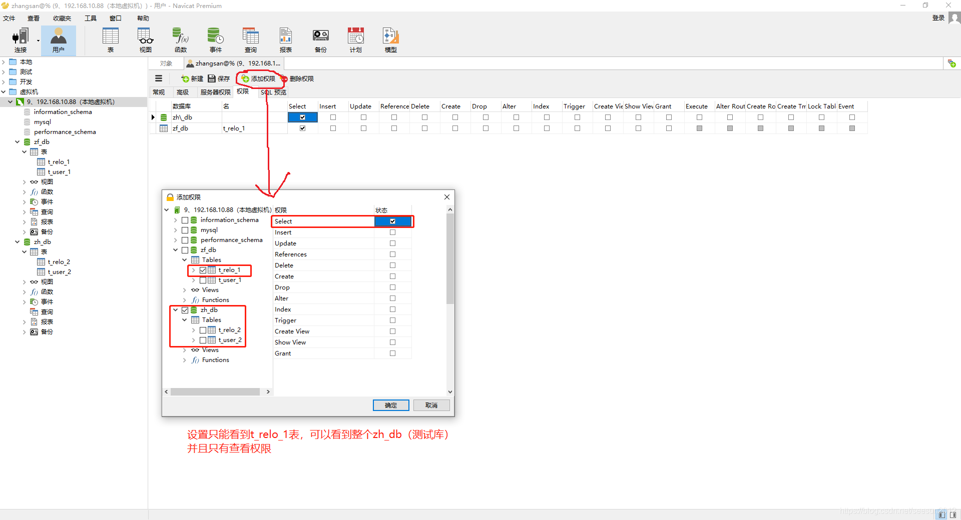 MySql設置指定用戶數據庫查看查詢權限
